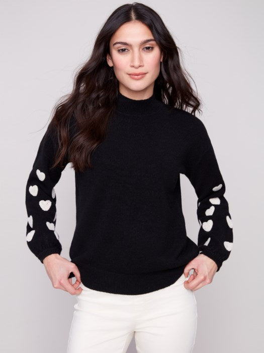 CHARLIE B MOCK-NECK W/ EMBROIDERED HEARTS - BLACK