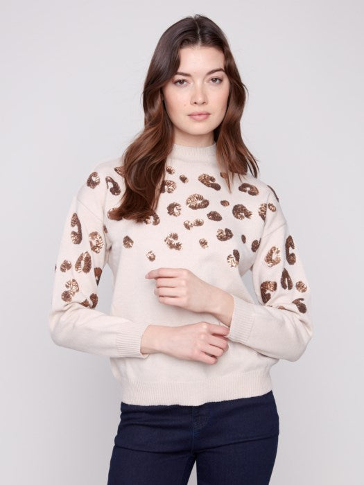 CHARLIE B MOCK NECK SWEATER W/ SEQUINS - OATMEAL