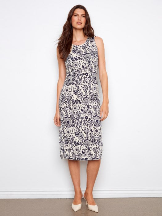 CHARLIE B SLEEVELESS PRINTED DRESS - NAVY & WHITE