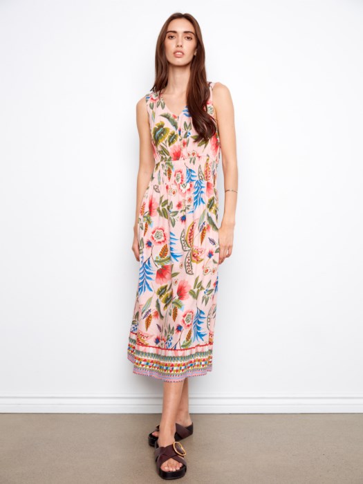 SALE CHARLIE B PRINTED VISCOSE DRESS - PINK MULTI