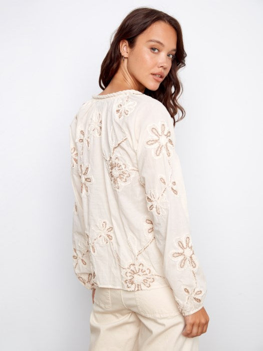 CHARLIE B TEXTURED EMBROIDERED COTTON BLOUSE - ECRU