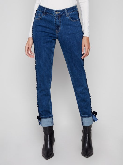 CHARLIE B SLIM LEG JEAN W/ VELVET BOW - INDIGO