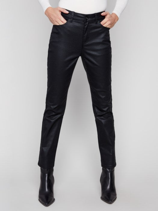 CHARLIE B SLIM LEG WAX TWILL PANTS - BLACK