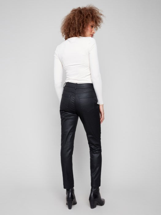 CHARLIE B SLIM LEG WAX TWILL PANTS - BLACK