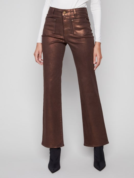 CHARLIE B FLARE LEG FOIL TWILL PANTS - BRONZE