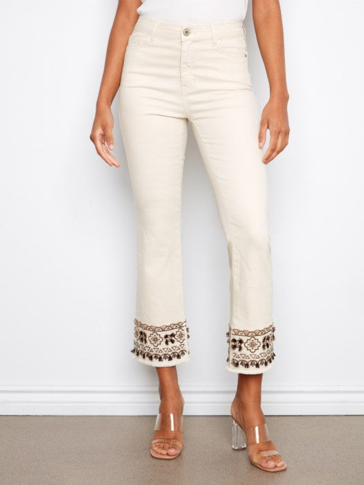 CHARLIE B CROPPED PANT W/ EMBROIDERED HEM - NATURAL