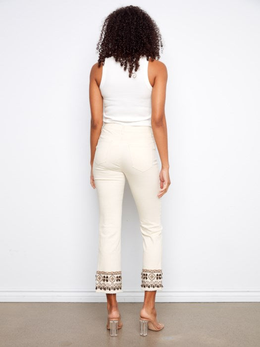 CHARLIE B CROPPED PANT W/ EMBROIDERED HEM - NATURAL
