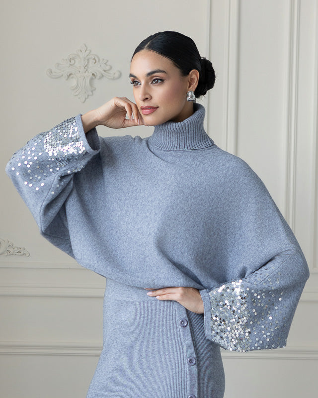 ELENA WANG CROPPED SWEATER W/ SEQUIN DETAIL - GREY