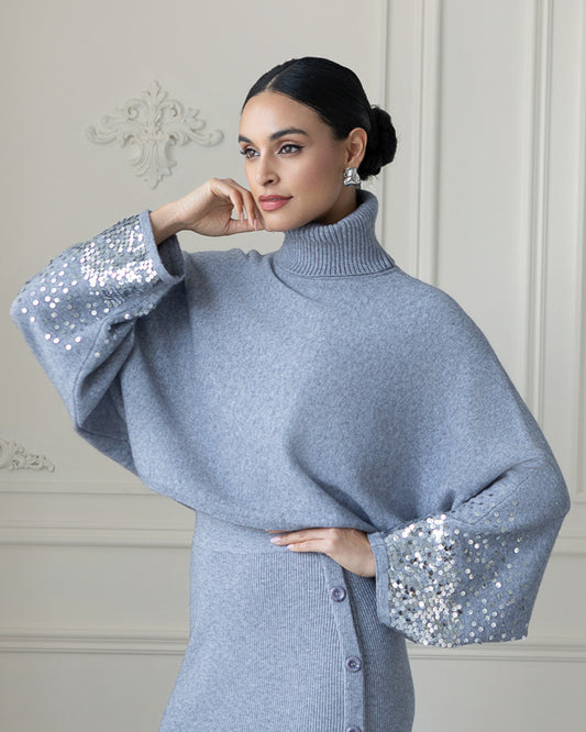 ELENA WANG CROPPED SWEATER W/ SEQUIN DETAIL - GREY
