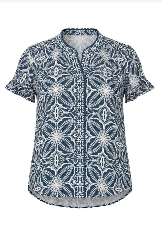 LIVERPOOL FLUTTER SLEEVE MIX PRINT BUTTON FRONT WOVEN TOP