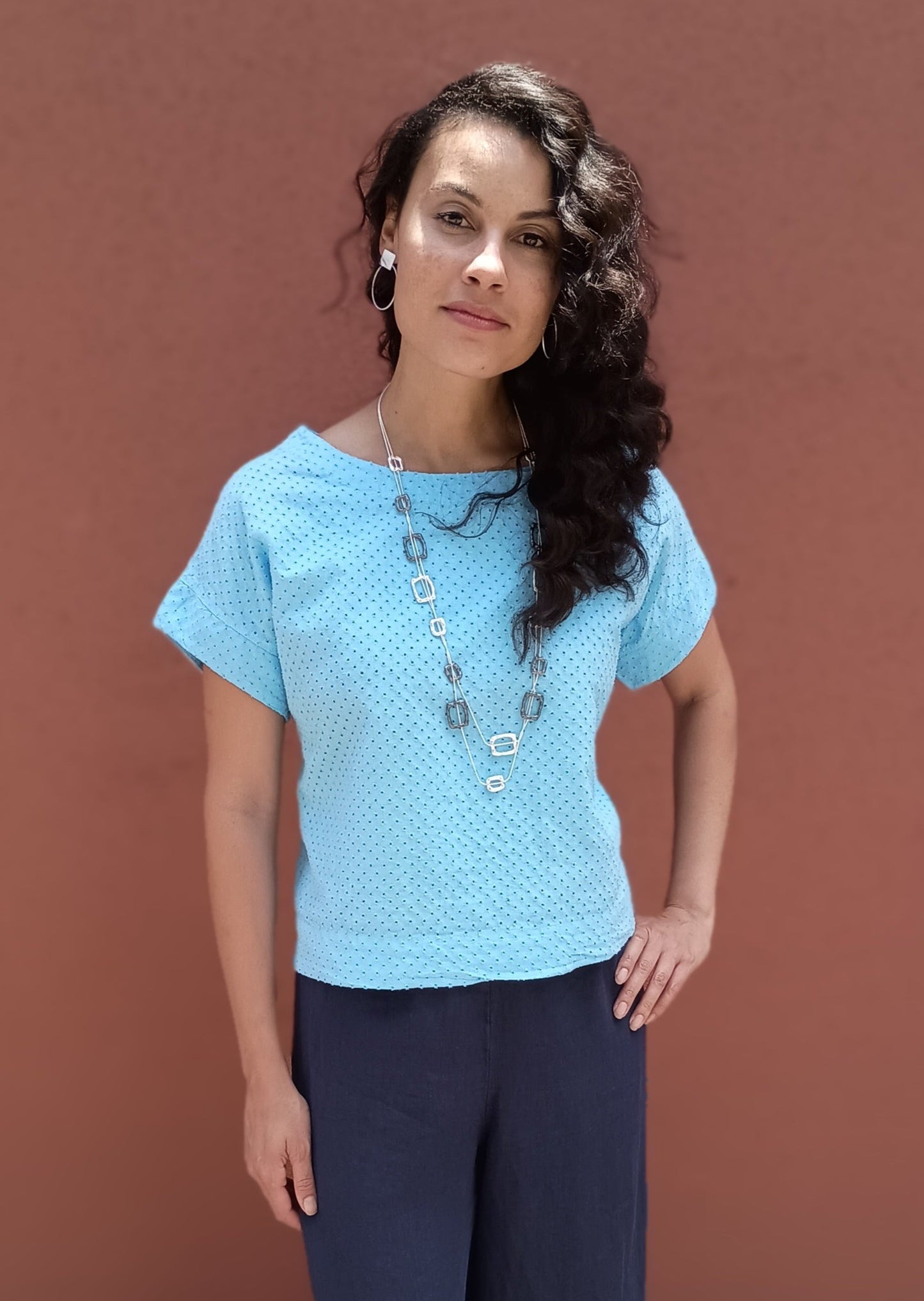 *SALE* CUT LOOSE SHORT-SLEEVE CROP TOP - TURQUOISE BLUE - 5936326POOL