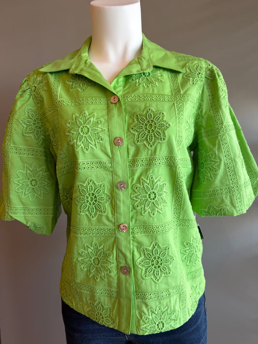 JOHN MARK WINDOWPANE EYELET TOP - GREEN