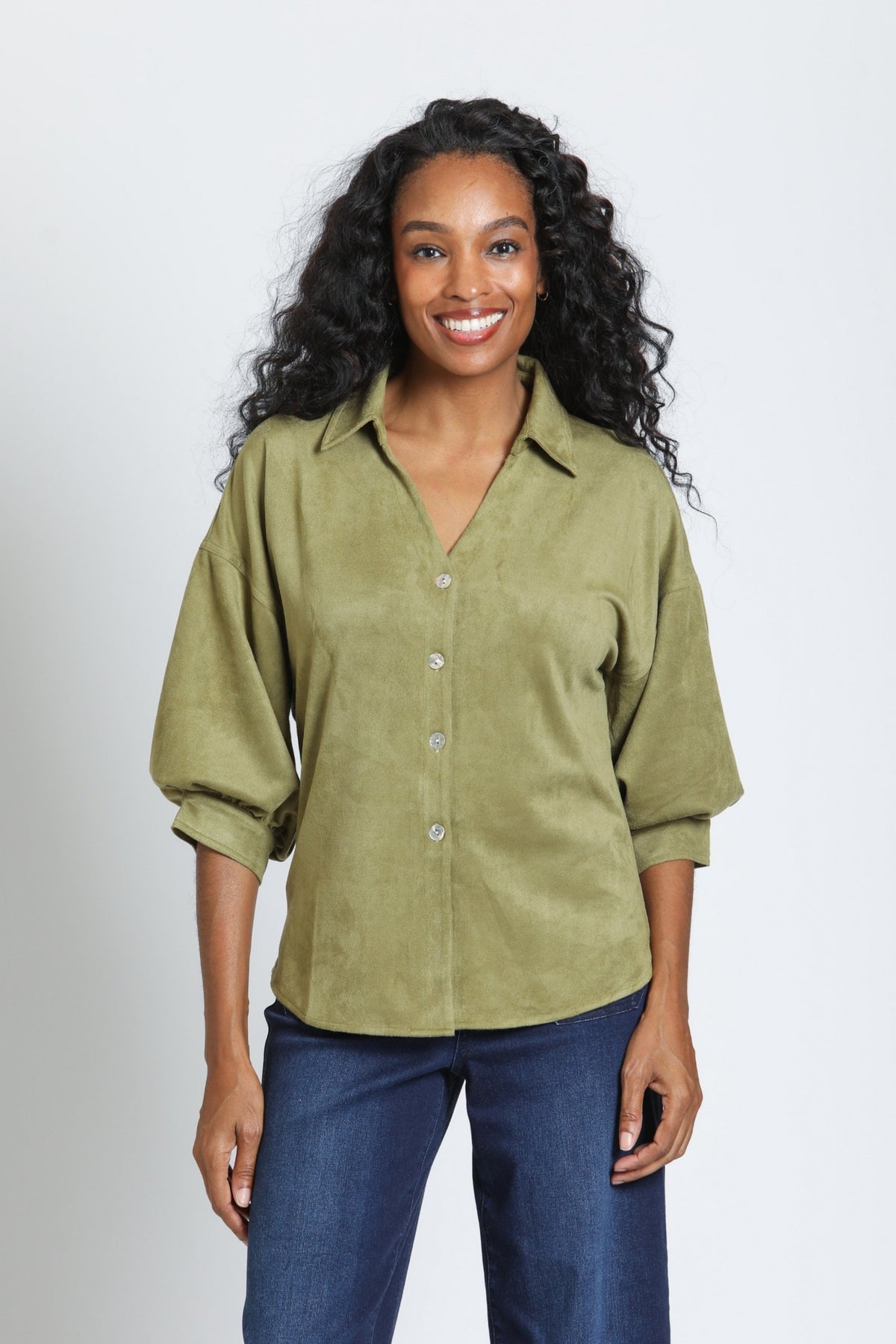 APNY FAUX SUEDE TOP - OLIVE