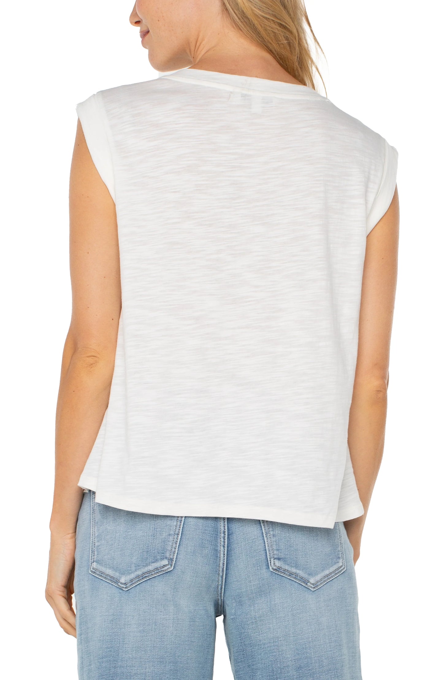 LIVERPOOL SLEEVELESS WOVEN KNIT TOP - CREAM