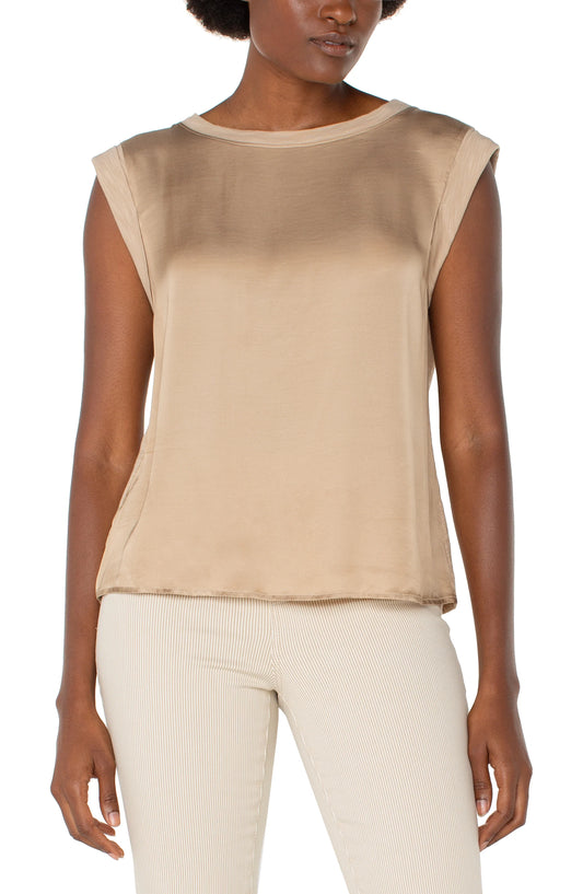 LIVERPOOL SLEEVELESS WOVEN KNIT TOP - CHAMPAGNE