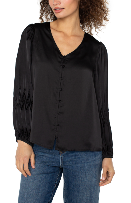 LIVERPOOL LONGSLEEVE V-NECK PLEAT TOP - BLACK