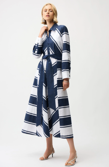 JOSEPH RIBKOFF COTTON STRIPE FIT AND FLARE SHIRT DRESS - NAVY AND WHITE