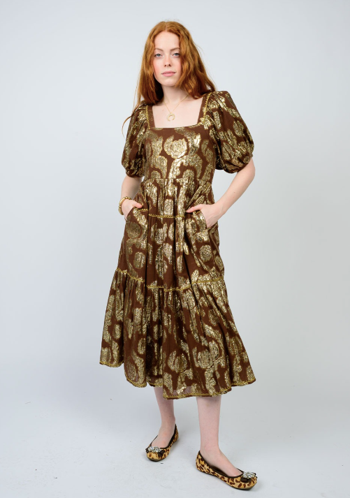 UNCLE FRANK METALLIC ROSES DRESS - BROWN MULTI