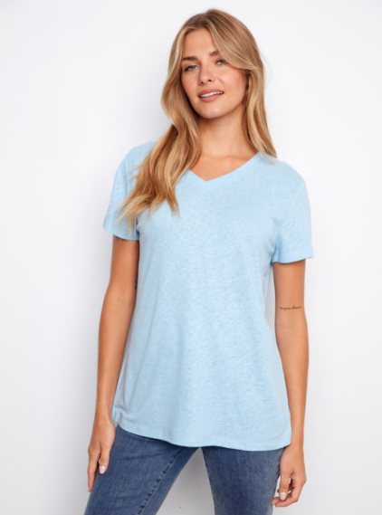 SALE - CHARLIE B FOIL PRINTED LINEN TEE - BLUEBELL