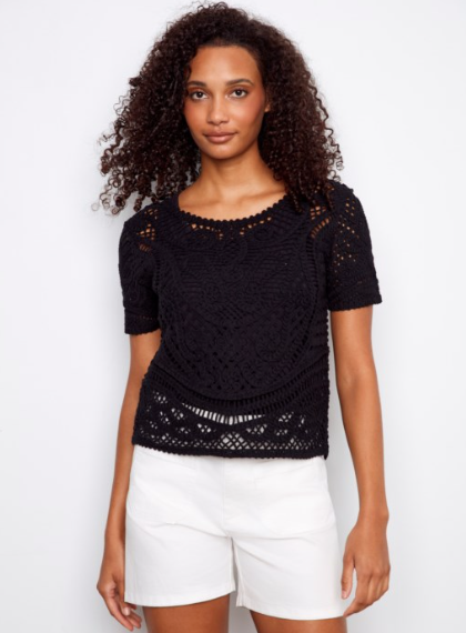 CHARLIE B S/S CROCHET SWEATER - BLACK