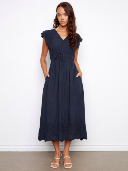 CHARLIE B V-NECK ELASTIC WAIST MIDI DRESS - NAVY