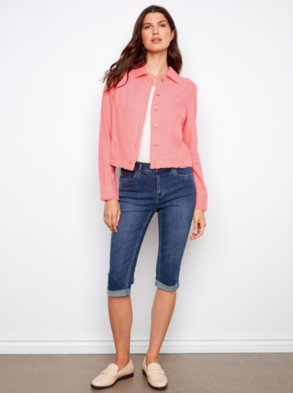 CHARLIE B LINEN JACKET W/ FRAY - SORBET