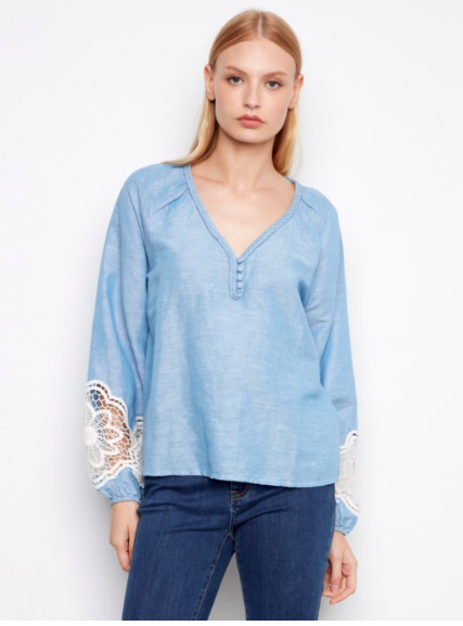 CHARLIE B CHAMBRAY LINEN V NECK - CHAMBRAY
