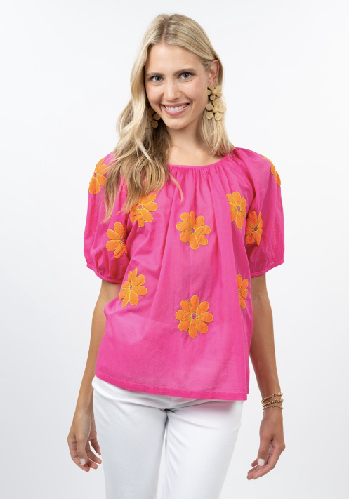 IVY JANE DAISY APPLIQUE TOP - PINK MULTI