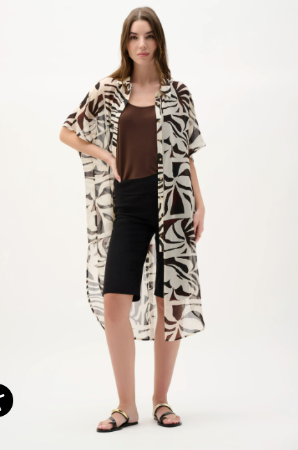 JOSEPH RIBKOFF CHIFFON TROPICAL PRINT STRAIGHT BLOUSE - BEIGE MULTI