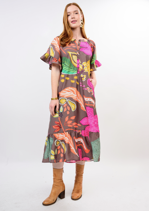 UNCLE FRANK LONG DRESS WITH SHORT SLEEVES - BROWN MULTI
