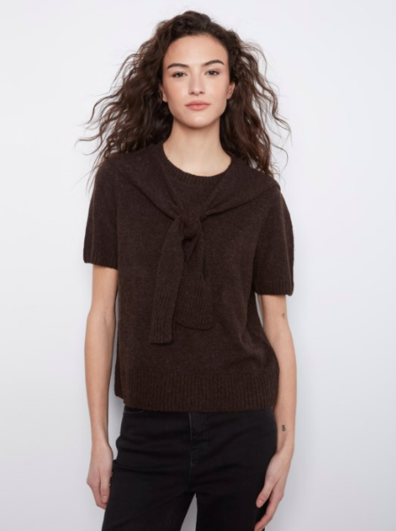 CHARLIE B SHORT SLEEVE SWEATER WITH SLEEVE DETAIL - COFFEE