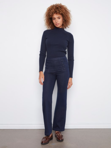 CHARLIE B FLARE PULL ON JEANS WITH DECORATIVE BUTTONS - BLUE BLACK