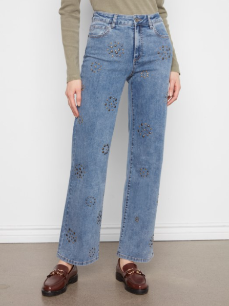 CHARLIE B STUDDED WIDE LEG JEANS - MEDIUM BLUE