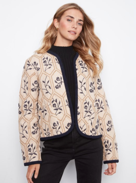 CHARLIE B REVERSIBLE EMBROIDERED QUILTED JACKET - BISCUIT