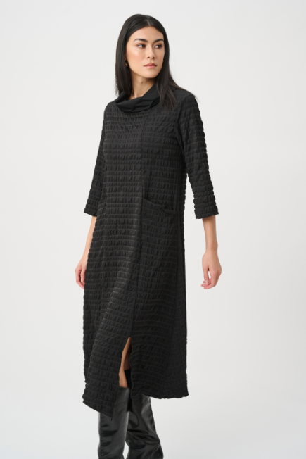 BUBBLE JACQUARD TRAPEZE COWL DRESS - BLACK