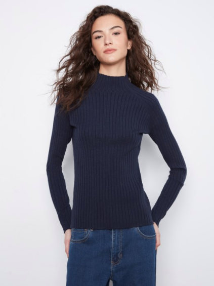 CHARLIE B RIBBED SHIRT WITH MOC NECK - NAVY