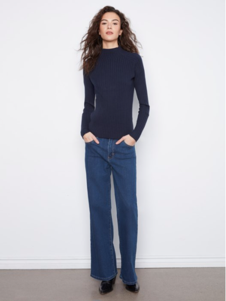 CHARLIE B RIBBED SHIRT WITH MOC NECK - NAVY