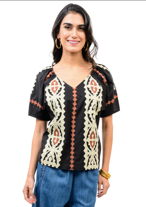 IVY JANE APPLIQUE TOP - BLACK MULTI