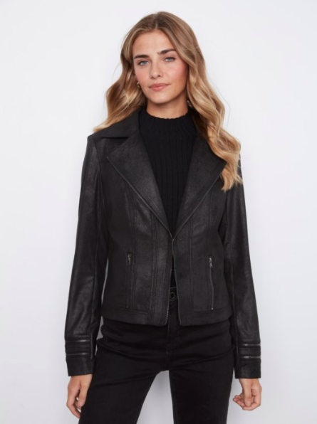CHARLIE B VINTAGE FAUX LEATHER COLLARED JACKET - BLACK