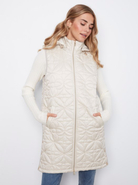 CHARLIE B LONG HOODED PUFFER VEST - PEARL