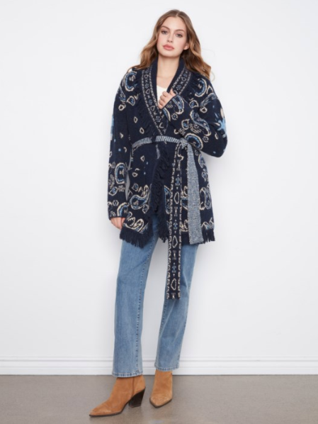 CHARLIE B FRINGE BELTED CARDIGAN - MARINE