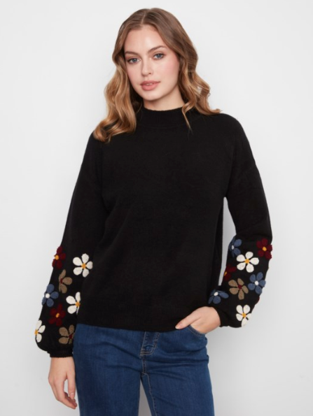 CHARLIE B MOC NECK SWEATER WITH EMBROIDERED FLOWER DETAIL - BLACK