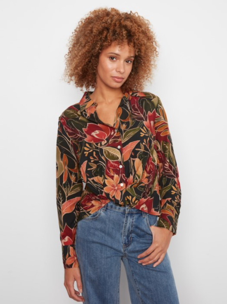 CHARLIE B PRINTED SHIRT WITH TWISTED FRONT - RAVEN