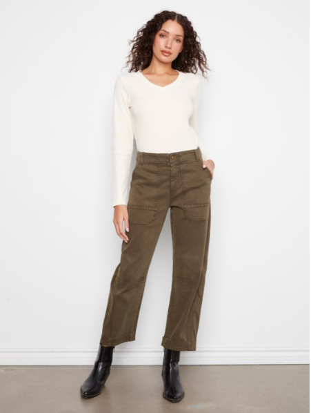 CHARLIE B CROPPED TWILL BARREL LET PANTS - OLIVE