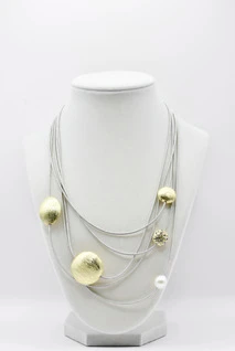 SEA LILY 5 STRAND SILVER WIRE NECKLACE WITH PEARLS AND BRASS BEADS