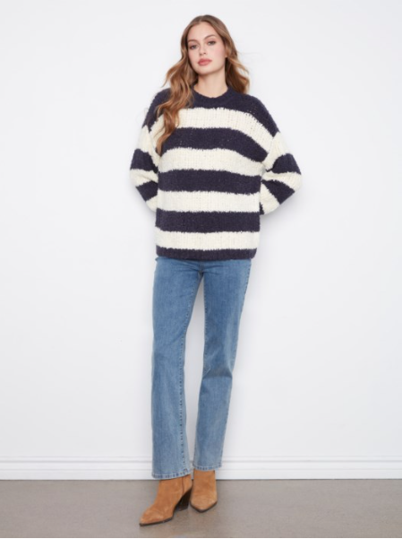 CHARLIE B STRIPED V-NECK BOUCLE SWEATER - NAVY AND WHITE