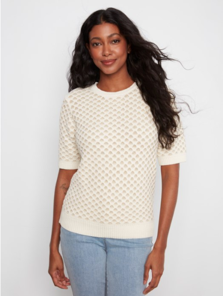 CHARLIE B SHORT SLEEVE METALLIC HONEYCOMB SWEATER - ECRU