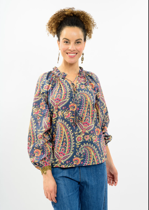 IVY JANE TOP WITH LOOP AND TASSEL - BLUE FLORAL
