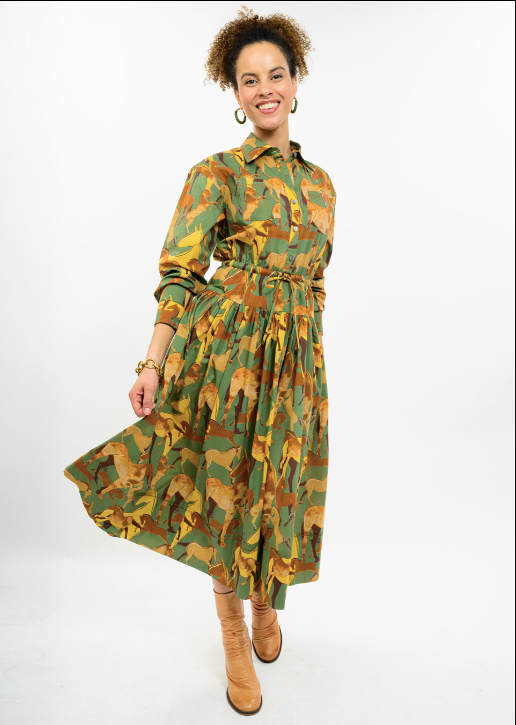 UNCLE FRANK HORSE BUTTON DOWN MAXI - GREEN MULTI