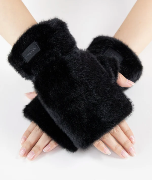 ORIGINAL USA TEDDY FLEECE FINGERLESS GLOVES - BLACK